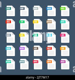 Gängige Systemdateiformate. Dokumenttypen und Erweiterungen. Flache Ikonen-Kollektion. Dokument-Piktogramm, Web-Design-UI-Element, Vorlage. Computer Stock Vektor