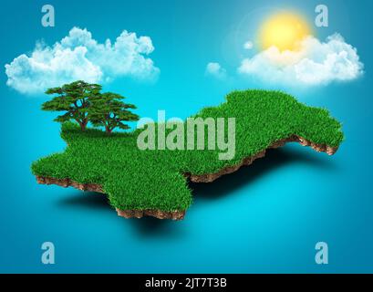 Eine Pakistan-Karte mit grünem Gras und Wolken, Baum und Sonnenstrahlen auf blauem Hintergrund, 3D Rendering Stockfoto