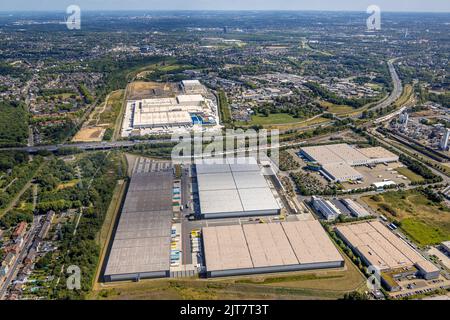 Luftaufnahme, Baustelle für Picnic E-Food-Lager im Zentrallager-Logistikzentrum Edeka an der Autobahn A3, Waldteich, Schwarze Heide, Stockfoto