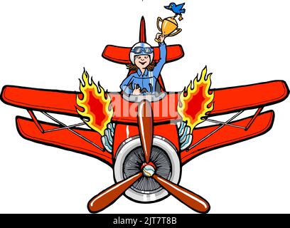 Weibliche Pilotin, die einen klassischen Propeller-Doppeldecker fliegt Stock Vektor