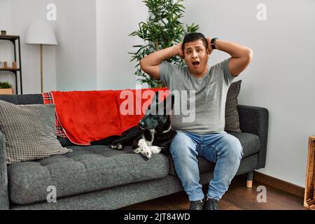 Junger latein und Hund sitzen zu Hause auf dem Sofa verrückt und verängstigt mit den Händen am Kopf, ängstlich und überrascht vor Schock mit offenem Mund Stockfoto