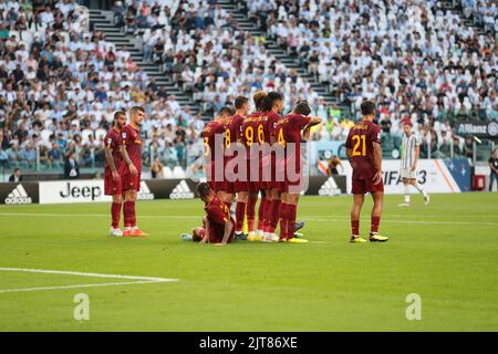 Turin, Italien. 27. August 2022. As Roma Team während der italienischen Serie A, Fußballspiel zwischen Juventus FC und AS Roma am 27. August 2022 im Allianz Stadium, Turin, Italien. Foto Nderim Kaceli Kredit: Unabhängige Fotoagentur/Alamy Live Nachrichten Stockfoto