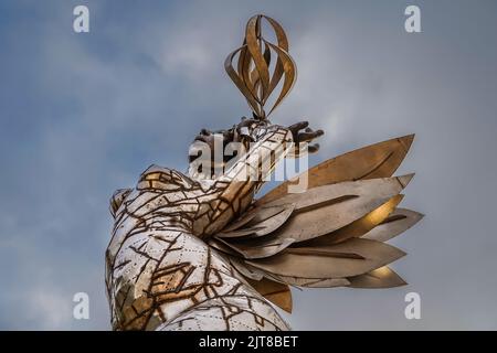 Wunderschöne filmische Luftaufnahmen der Ruinen, der Costarican-Flagge und des zweihundertjährigen Denkmals im Cartago Center in Costa Rica Stockfoto