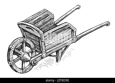 Skizze des Holzwagens im Garten. Alte leere Bauernhof Schubkarre. Landwirtschaft, Gartenkonzept. Vintage-Vektorgrafik Stock Vektor