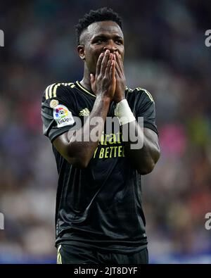 Barcelona, Spanien. 28. August 2022. Vinicius Jr von Real Madrid während des La Liga-Spiels zwischen RCD Espanyol und Real Madrid spielte am 28. August 2022 im RCDE-Stadion in Barcelona, Spanien. (Foto von Sergio Ruiz / PRESSIN) Quelle: PRESSINPHOTO SPORTS AGENCY/Alamy Live News Stockfoto