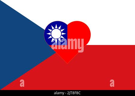 Flagge Taiwans in Form eines Herzens auf der Flagge der Tschechischen Republik. Unterstützung der Alliierten für Taiwan. Flache Doppelflagge - Abbildung. Stockfoto