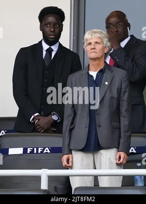 San Jose, Costa Rica. 28. August 2022. San Jose, Costa Rica, August 28. 2022: Pia Sundhage (ehemalige schwedische Fußballspielerin und aktuelle Cheftrainerin der brasilianischen Frauennationalmannschaft) in den Tribünen während der FIFA U20 Frauen-Weltmeisterschaft Costa Rica 2022 Fußball 3. Platz Spiel zwischen den Niederlanden und Brasilien im Estadio Nacional in San Jose, Costa Rica. (Daniela Porcelli/SPP) Quelle: SPP Sport Press Foto. /Alamy Live News Stockfoto