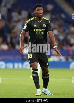 Barcelona, Spanien. 28. August 2022. Aurelien Tchouameni während des La Liga-Spiels zwischen RCD Espanyol und Real Madrid im RCDE-Stadion in Barcelona, Spanien. Bild: DAX Images/Alamy Live News Stockfoto