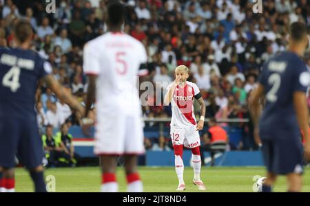 Paris, Frankreich. 28. August 2022. Caio Henrique von AS Monaco reagiert während eines Fußballspiels der französischen Ligue 1 zwischen Paris Saint-Germain (PSG) und AS Monaco im Stadion Parc des Princes in Paris, Frankreich, am 28. August 2022. Kredit: Gao Jing/Xinhua/Alamy Live Nachrichten Stockfoto