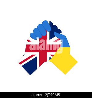 Partner-Handschlag mit Flaggen der Ukraine und Großbritanniens. Unterstützung, Hilfe, Freundschaft und Partnerschaft zwischen den Ländern, Symbol der Einheit der Amerikaner und Ukrainer flache Vektor-Illustration Stock Vektor