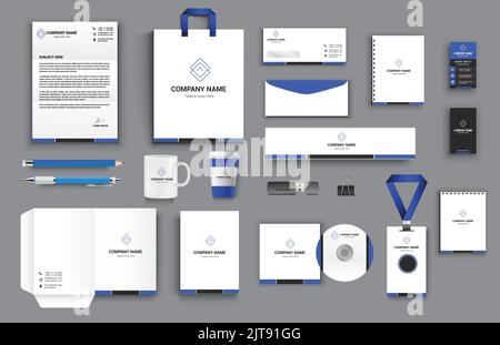 Büro Business stationär set in blau schwarz weiß Farbe Vektor-Design mit Briefkopf umhüllen Ordner id Karte Notizblock dvd Cover usb Büroklammer Stift pe Stock Vektor