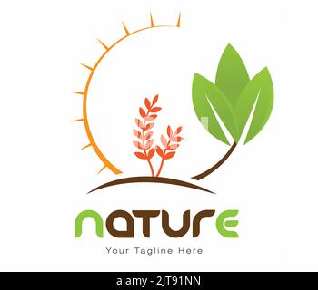 Natur Logo umweltfreundliche Umwelt Logo Landwirtschaft Weizen grünes Blatt Sonnenlicht Vektor Illustration wachsen Weizen natürliche organische Konzept Stock Vektor