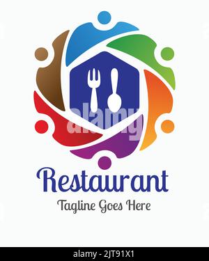 Restaurant Logo Event Management Firmenlogo mit Löffel Gabel Symbole Menschen Familie zusammen Vektor Illustration sechseckige Form Logo Design Stock Vektor