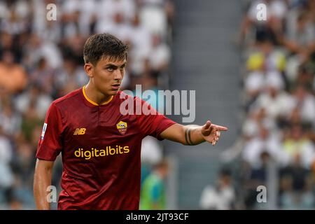 Paulo Dybala von AS Roma zeigt im Allianz Stadium am 27. August 2022 in Turin, Italien, ein Spiel der Serie A 2022/23 zwischen dem FC Juventus und AS Roma Stockfoto