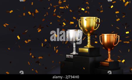 Gold Champion Pokal auf Sieger 1, 2, 3 Podium, Etappe für den ersten, zweiten und dritten Platz, 3D Rendering. Stockfoto