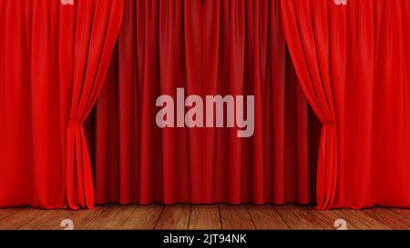 Leeres Bühnentheater oder Oper mit rotem Samtvorhang, 3D Rendering. Stockfoto