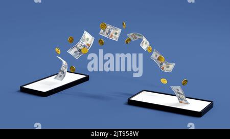 Mobile Banking-Konzept, Wechsel von Münzen und Dollar-Banknoten vom Smartphone zum anderen Mobiltelefon, E-Wallet für Online-Geldtransfers, 3D Rendering. Stockfoto