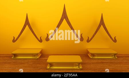 Gold Podium oder Buddha-Statue Podest Podium mit Haus Giebel Dach Form Thai-Stil Kunst Komposition, Bühne für Produkt, 3D Rendering. Stockfoto