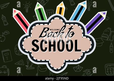 Zurück zur Schule Banner, retro. Verkauf Hintergrund Vorlage Symbole Zubehör Stock Vektor