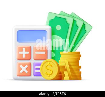 3D moderner Rechner mit goldenen Münzen und Scheinen Stock Vektor