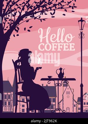 Hallo Kaffee Straßencafe, Mädchen auf dem Stuhl, Herbststimmung. Tasse, Stuhl, Tisch, Wasserkocher Retro-Stil Poster Vektor-Illustration Stock Vektor