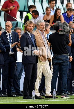 Pavel Nedved Vize-Präsident von Juventus FC mit Maurizio Arrivabene A.D. von Juventus FC während des Spiels der Serie A 2022/23 zwischen Juventus FC und AS Roma am 27. August 2022 im Allianz Stadium in Turin, Italien Stockfoto