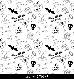 Halloween-Kritzelmuster. Schwarz-weiß nahtloser Hintergrund mit Halloween gruselige Symbole Jack o Laternen, Web, Schädel, Grab. Vektorgrafik wi Stock Vektor