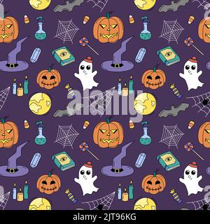 Halloween bunte Doodle-Muster. Vektor nahtlose Hintergrund mit Herbst Urlaub Symbole Jack Laternen, Web, Fledermaus, Hexenhut. Wiederholen Sie die Abbildung mit Stock Vektor