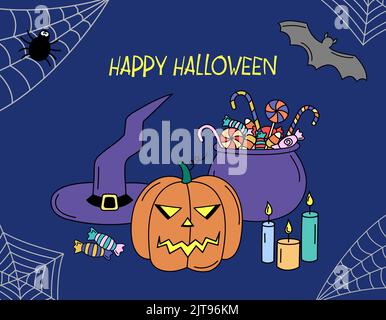 Frohe Halloween Grußkarte. Lustige Halloween Doodle Objekte Komposition. Kürbislaterne, Hexenhut, Kerzen und Weihnachtsbonbons. Fledermaus und Spinnennetz Stock Vektor