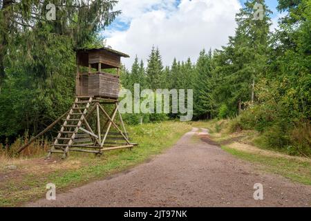 Hölzerner Huntsman hoher Sitz am Waldrand vor einer Wiese mit grünem Hintergrund Stockfoto