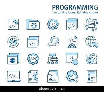 Symbole für die Programmierzeile. Satz von Software, Codierung, Entwicklung, Entwicklung und mehr. Bearbeitbare Kontur. Stock Vektor