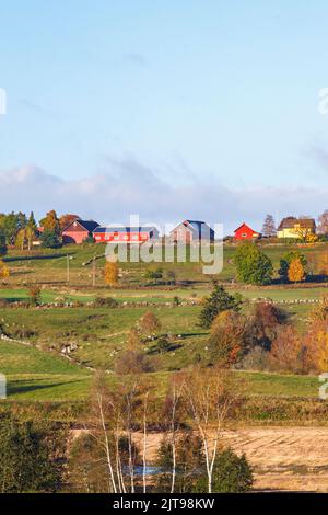 Bauernhäuser auf einem Hügel in einer wunderschönen Herbstlandschaft Stockfoto