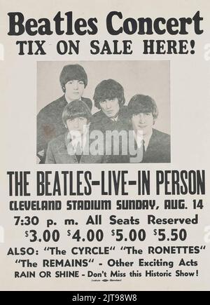 Beatles Concert Tix hier erhältlich! Die Beatles Live in Person. Cleveland Stadium. Sonntag, 14 1966. august. Stockfoto