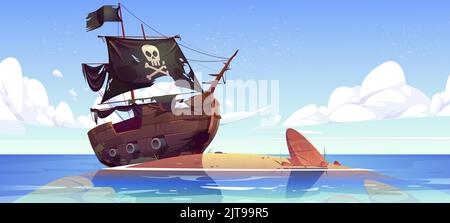 Altes kaputtes Piratenschiff nach dem Schiffswrack am Strand. Vektor-Cartoon-Illustration der Ozeanlandschaft mit verlassenen versunkenen Holzboot mit schwarzer Flagge und Segeln mit Totenkopf Stock Vektor