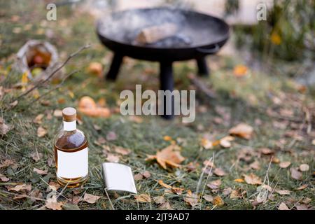 Flaschen mit Alkohol auf dem Gras beim Picknick Stockfoto