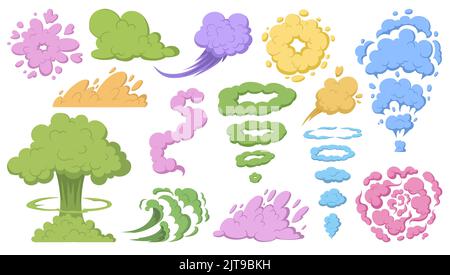 Bunte Rauchwolken, Wolkenschwaden. Bunte dampfende Wolken fließen, Pastellfarben Wolken Vektor Illustrationen Set. Sammlung von Staubwolken..Rosa, blaue, gelbe und grüne Staubwolken. Stock Vektor