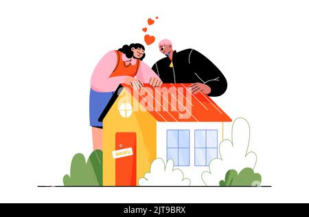 Paar Kauf Haus, Immobilien-Kauf-Konzept. Mann und Frau umarmten die Hütte mit umherfliegenden Herzen und verkauften das Schild an der Tür. Menschen wählen Home Line Art flache Vektor-Illustration Stock Vektor