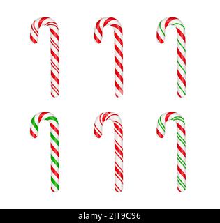Weihnachts-Candy-Canes-Set. Weihnachtsstab. Traditionelle Weihnachtsbonbons mit roten, grünen und weißen Streifen. Santa Karamellstock mit Streifenmuster. Vektor Stock Vektor