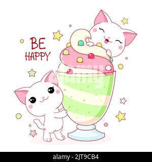 Niedliche leckere Karte im Kawaii-Stil. Zwei schöne Katzen mit Milchshake. Inschrift sei glücklich. Vektorgrafik EPS8 Stock Vektor