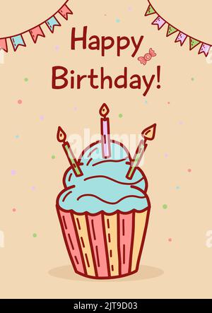 Grußkarte zum Geburtstag und Vorlagen für Einladungen zu Partys. Flache Vektorgrafik im handgezeichneten Stil Stock Vektor