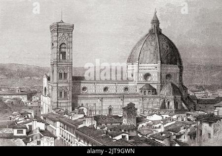 Kathedrale von Florenz, die ehemalige Cattedrale di Santa Maria del Fiore, Florenz, Toskana, Italien, hier im 19.. Jahrhundert gesehen. Der Bau der Kathedrale begann im Jahr 1296 und wurde 1436 im gotischen Stil nach einem Entwurf von Arnolfo di Cambio abgeschlossen, die Kuppel wurde von Filippo Brunelleschi entworfen. Aus Les Plus Belles Eglises du Monde, veröffentlicht 1861. Stockfoto