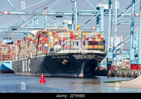 Rotterdam, Niederlande, 23. August 2022: Farbenfrohe Szene am Hafen von Prinzessin Amalia mit einem Schiff, das mit bunten Behältern und Cyan und gepackt ist Stockfoto