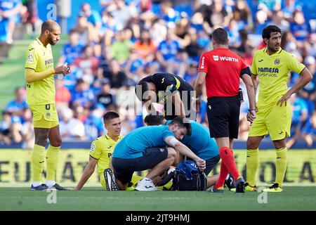 Getafe, Madrid. 28. August 2022. Juan Foyth von Villarreal CF Verletzung während des La Liga Spiels zwischen Getafe CF und Villarreal CF spielte am 28. August 2022 im Coliseum Alfonso Peres Stadium in Getafe, Madrid, Spanien. (Foto von Ruben Albarran / PRESSIN) Credit: PRESSINPHOTO SPORTS AGENCY/Alamy Live News Stockfoto