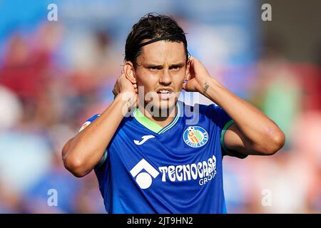 Getafe, Madrid. 28. August 2022. Enes Unal von Getafe CF während des La Liga-Spiels zwischen Getafe CF und Villarreal CF spielte am 28. August 2022 im Coliseum Alfonso Peres Stadium in Getafe, Madrid, Spanien. (Foto von Ruben Albarran / PRESSIN) Credit: PRESSINPHOTO SPORTS AGENCY/Alamy Live News Stockfoto