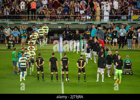 Freundschaftsspiel zwischen Xavi's FC Barcelona (Barça) und Guardiola's Manchester City wegen als-Krankheit im Spotify Camp Nou Barcelona Catalonia Spain Stockfoto