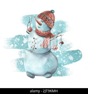 Ein Schneemann in einem gestrickten Hut, ein Schal mit Weihnachtsbaumkugeln auf Ästen, Spielzeug, vor dem Hintergrund eines Aquarellflecks. Aquarelldarstellung Stockfoto