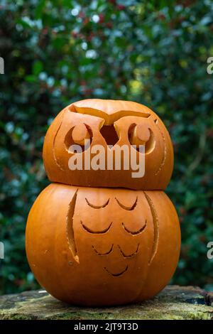 Sheffield, Großbritannien - 31. Oktober 2019: Geschnitzter Kürbis oder Jack o Laterne auf dem Eccleshall Woods Halloween Trail Stockfoto