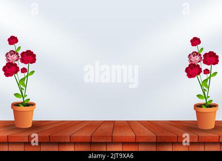 Hauspflanze im Topf mit roter Rosenblüte auf Holztisch. Stockfoto
