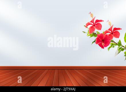 Leerer Raum mit weißer Wand und Holzboden mit Licht im Zimmer. Stockfoto