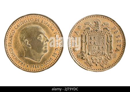 Eine ( 1 ) Peseta-Münze aus Spanien mit der Sphinx von Francisco Franco und dem wappen der falangisten Stockfoto